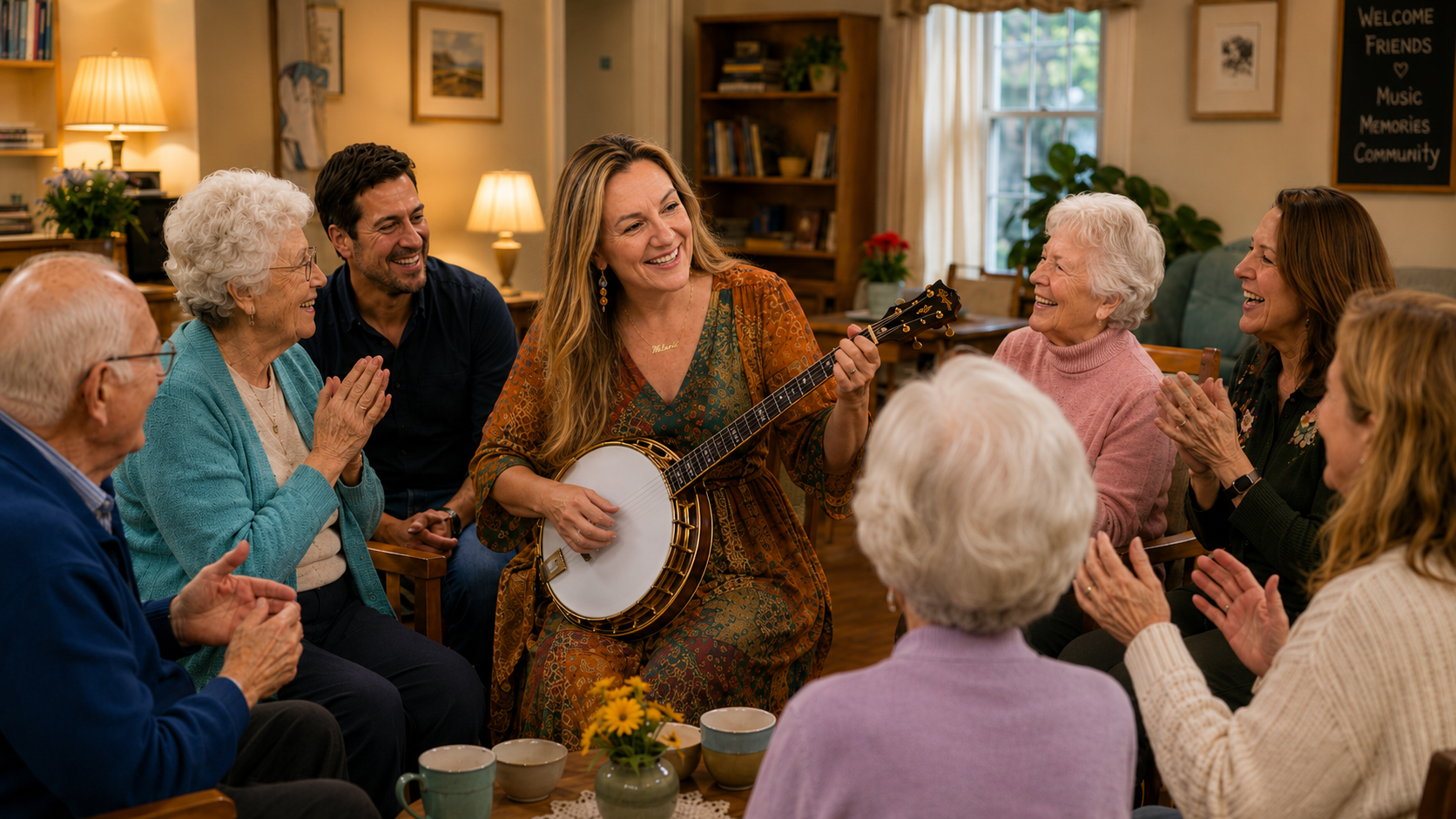 Melanie engaging residents with live banjo music