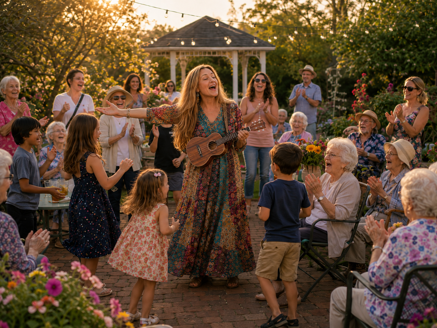 Melanie Stark performing with ukulele for Lea Legacy Productions